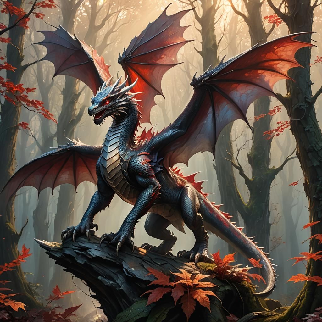 Dragon with Silver Wings Over Forest, Matte Painting