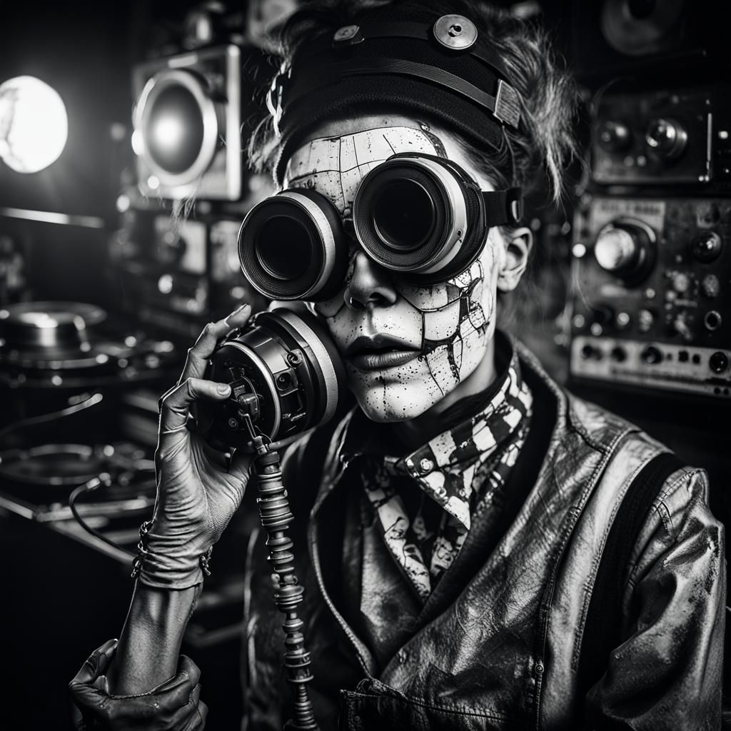 Cyberpunk Ventriloquist Dummy in Haunted House, Black and Wh...