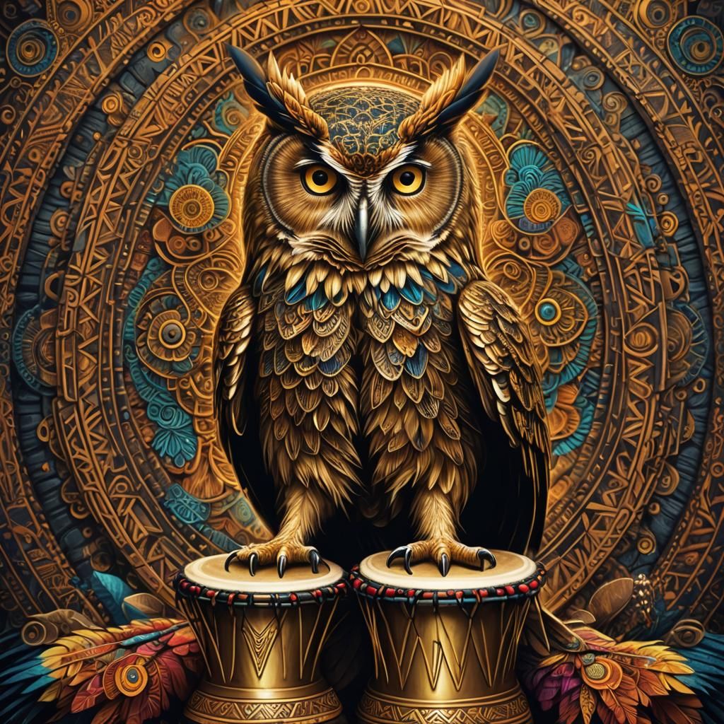 Golden Owl Playing Djembe with Psychedelic Mandalas