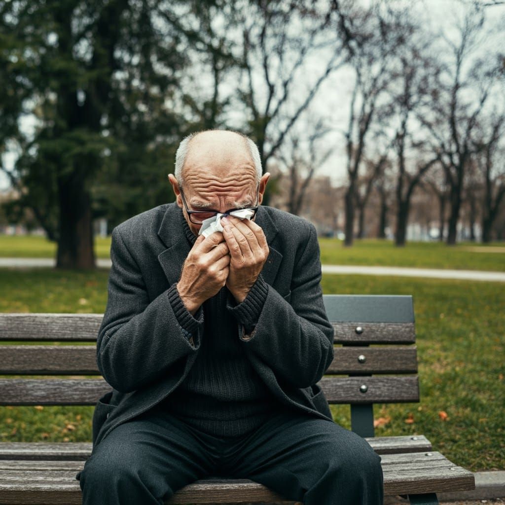 Melancholy Old Man Crying on Park Bench