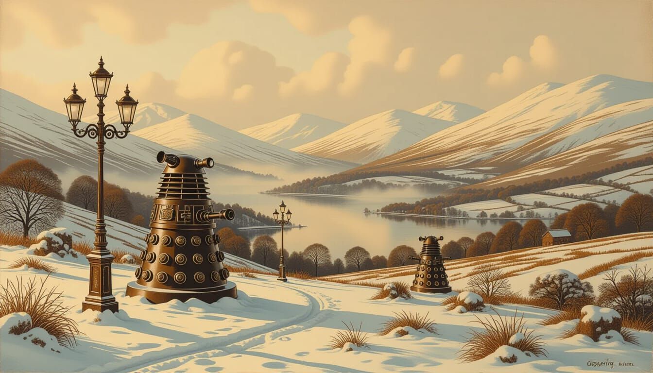 Dalek Lamp Standards in Snowy Scottish Landscape