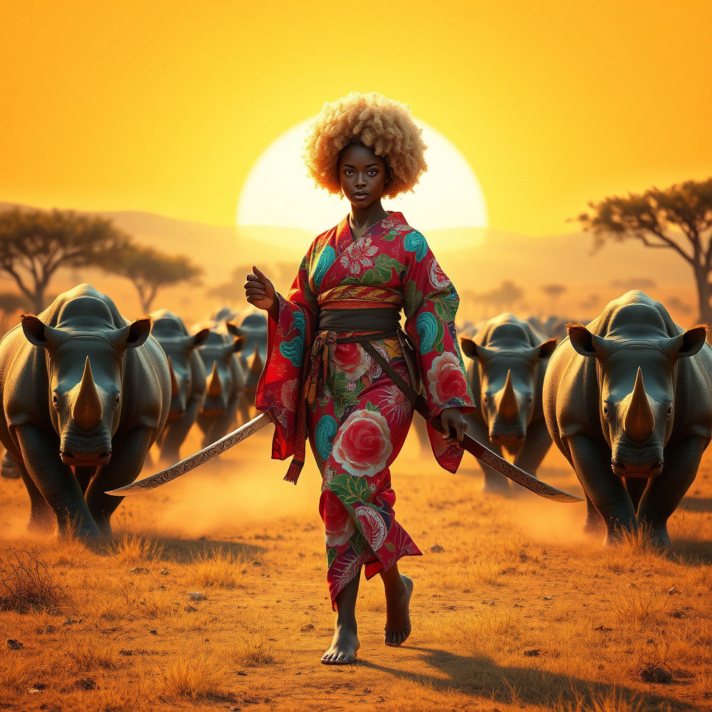 African Geisha Samurai in Savannah, Fantasy Concept Art