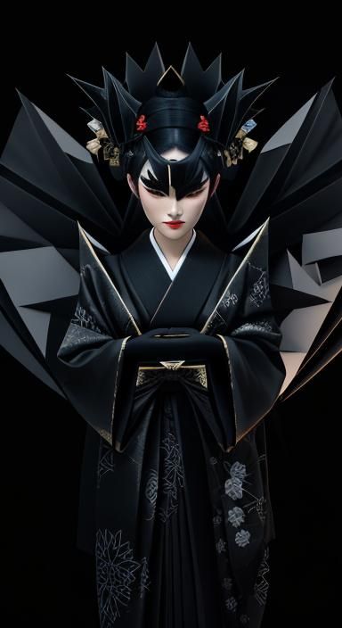 Black Origami Lotus: Cubist Geisha with Geometry Wings