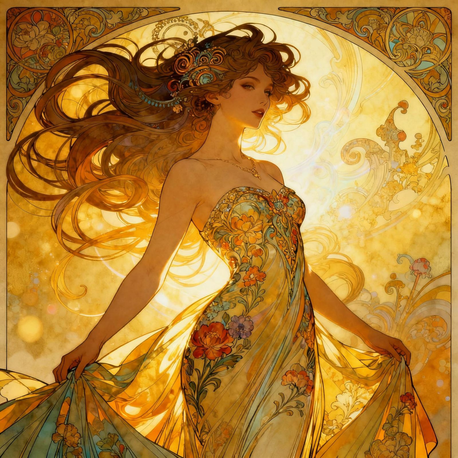 Elegant Women in Golden Light, Art Nouveau Style