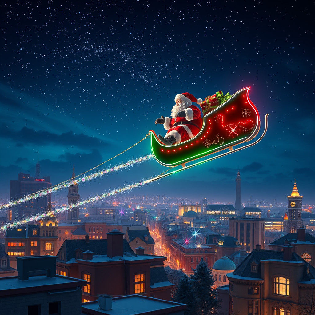Santa Claus Soars Through a Vibrant Winter Sky