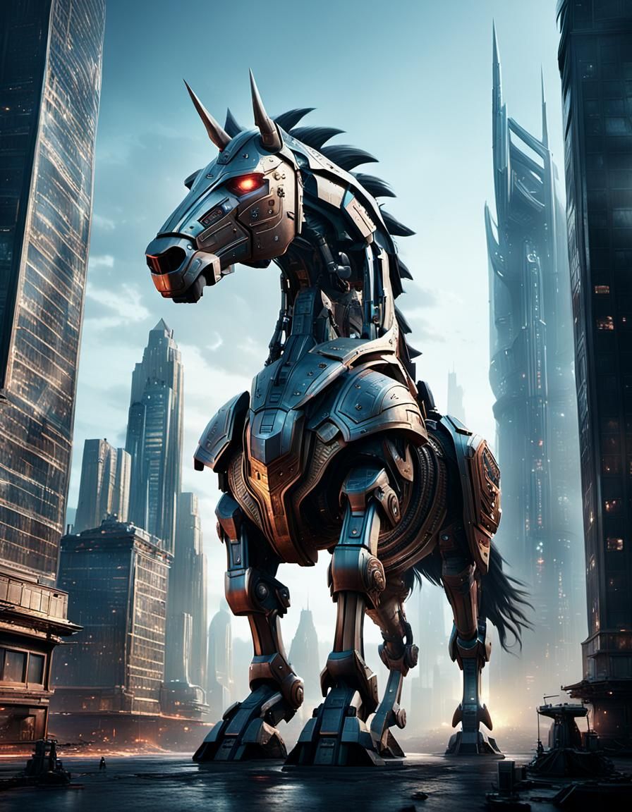 Cyberpunk Horse in Futuristic Cityscape