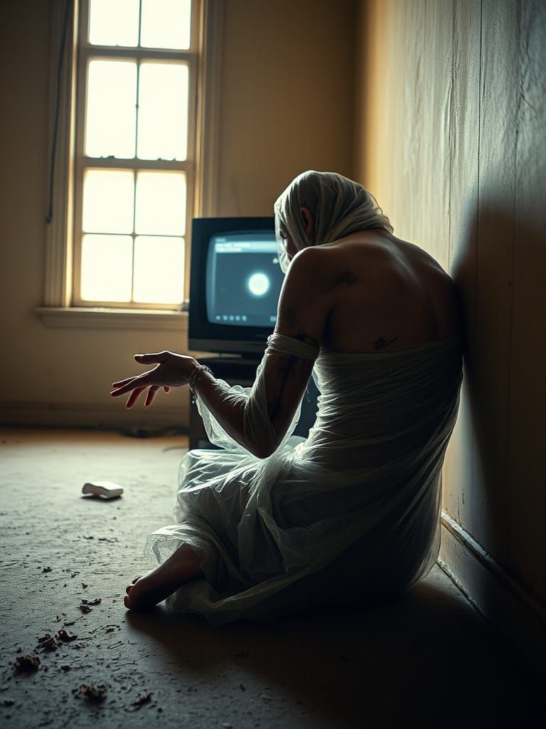 Distressed Figure in Dingy Room, Analog Horror Style
