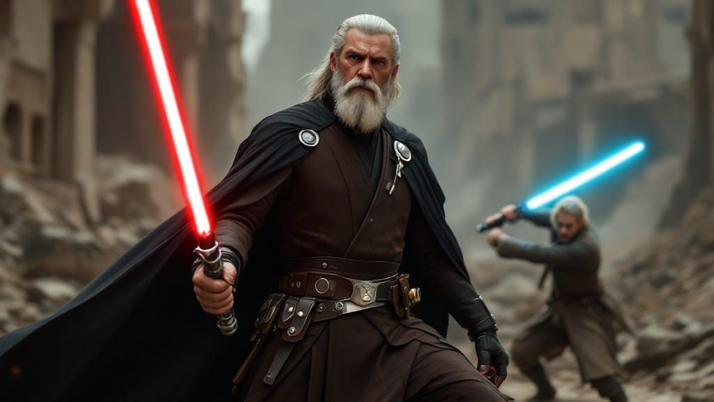 Majestic Sith Warrior in Dark Brown Officer Uniform and Flow...