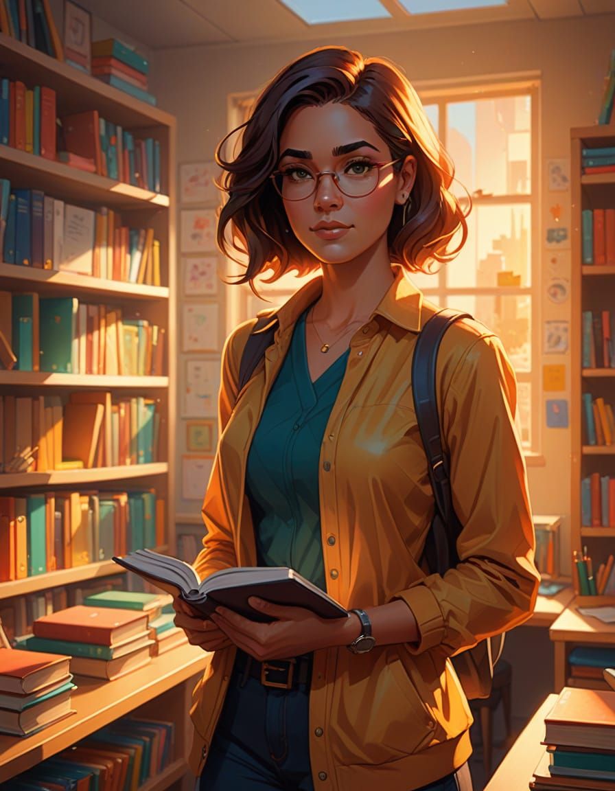 Inspiring Teacher in Warm Classroom Digital Painting