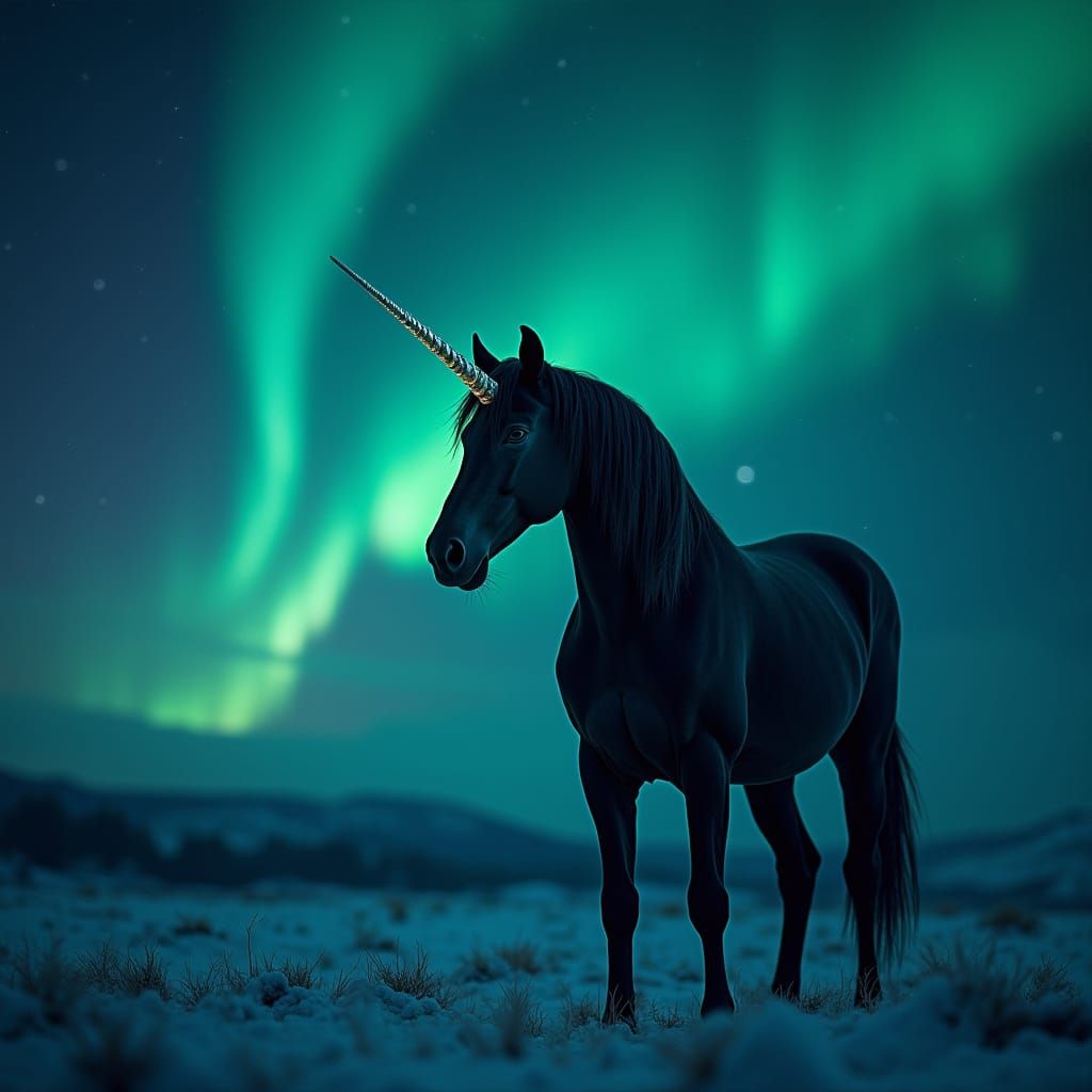 Ethereal Black Unicorn Amidst Aurora's Glowing Swirls