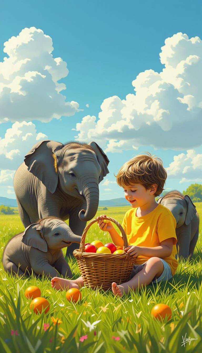 Boy and Baby Elephants: Digital Art Fusion