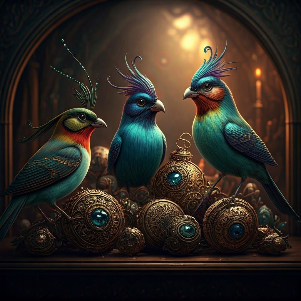 Iridescent Birds Guarding Antique Treasures
