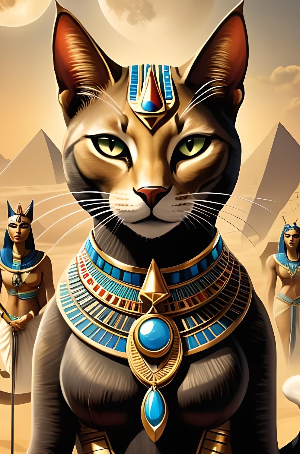 Egyptian Cat Goddess Bastet with Pyramids, Fantasy Art
