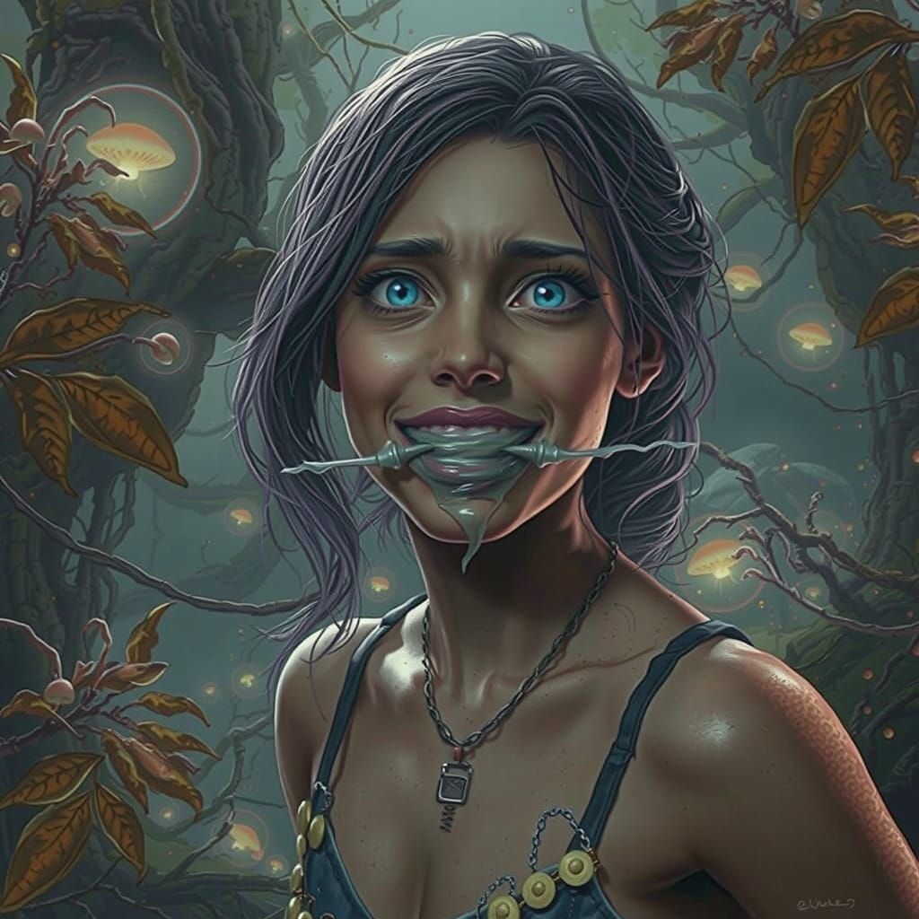 Desperate Mute Woman in Vibrant Ancient Forest