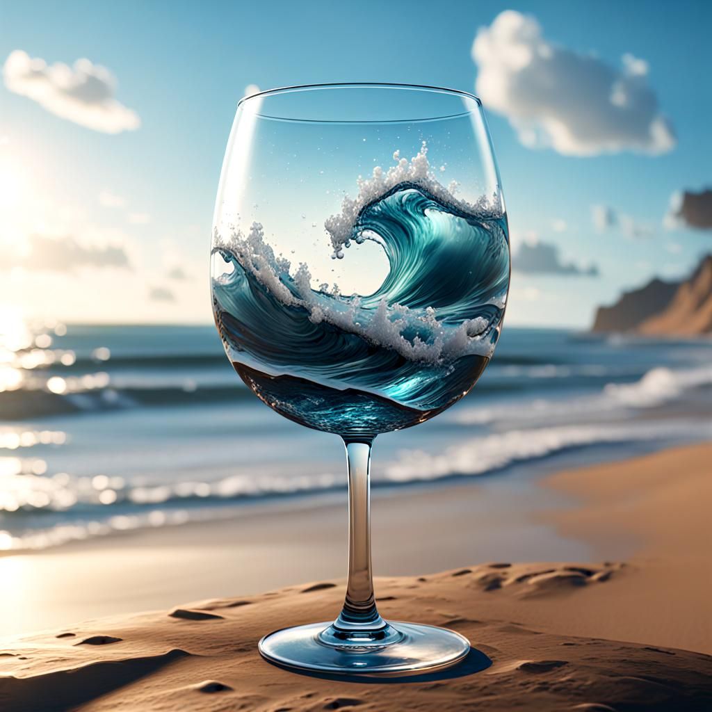 Sea Waves Captured in Wine Glass, 3D Render
