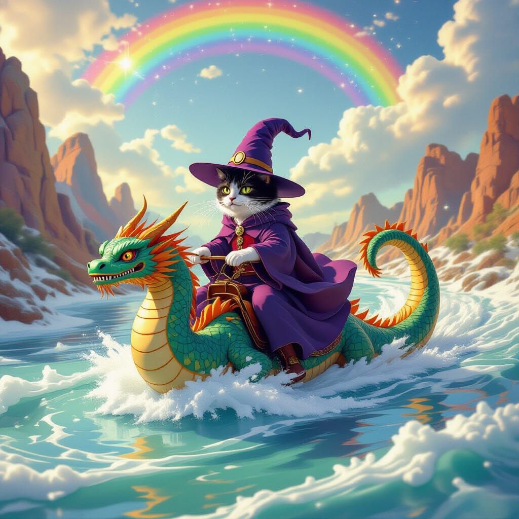 Cat Wizard Rides Dragon Through Milk River