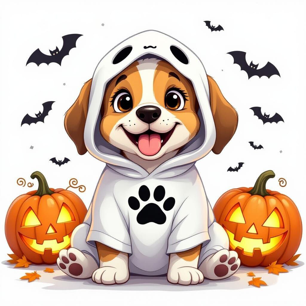 Happy Beagle Puppy in Ghost Costume for Halloween
