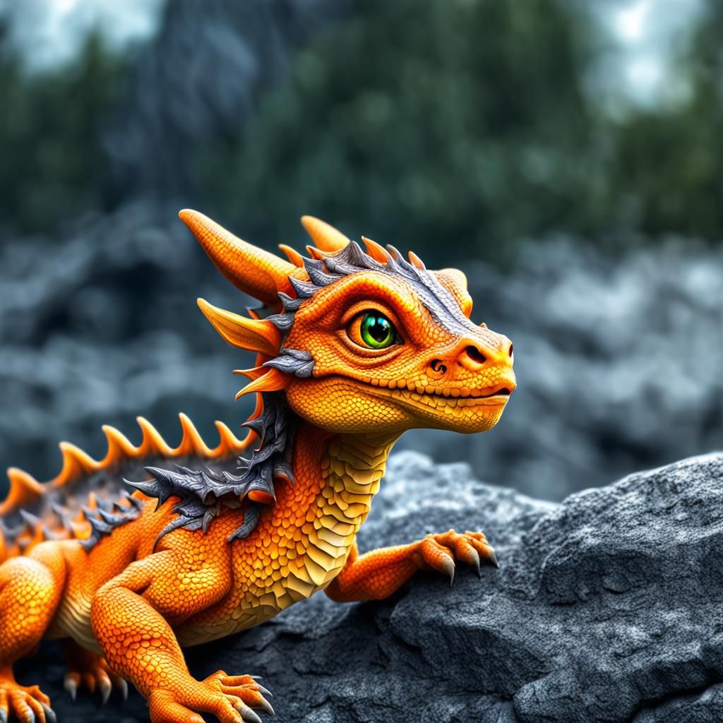 Hyperrealistic Orange Baby Dragon in HDR