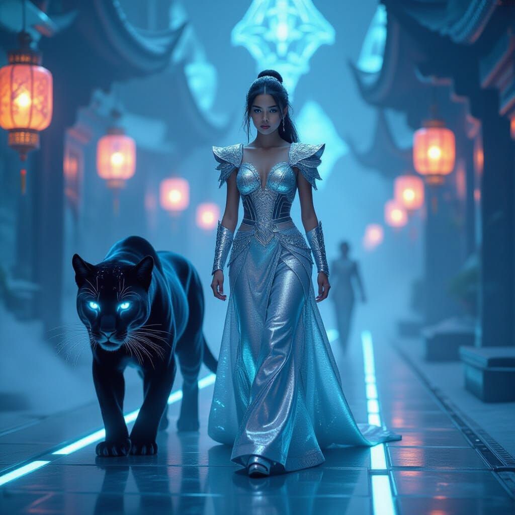 Cyberpunk Girl with Neon Panther on Platform