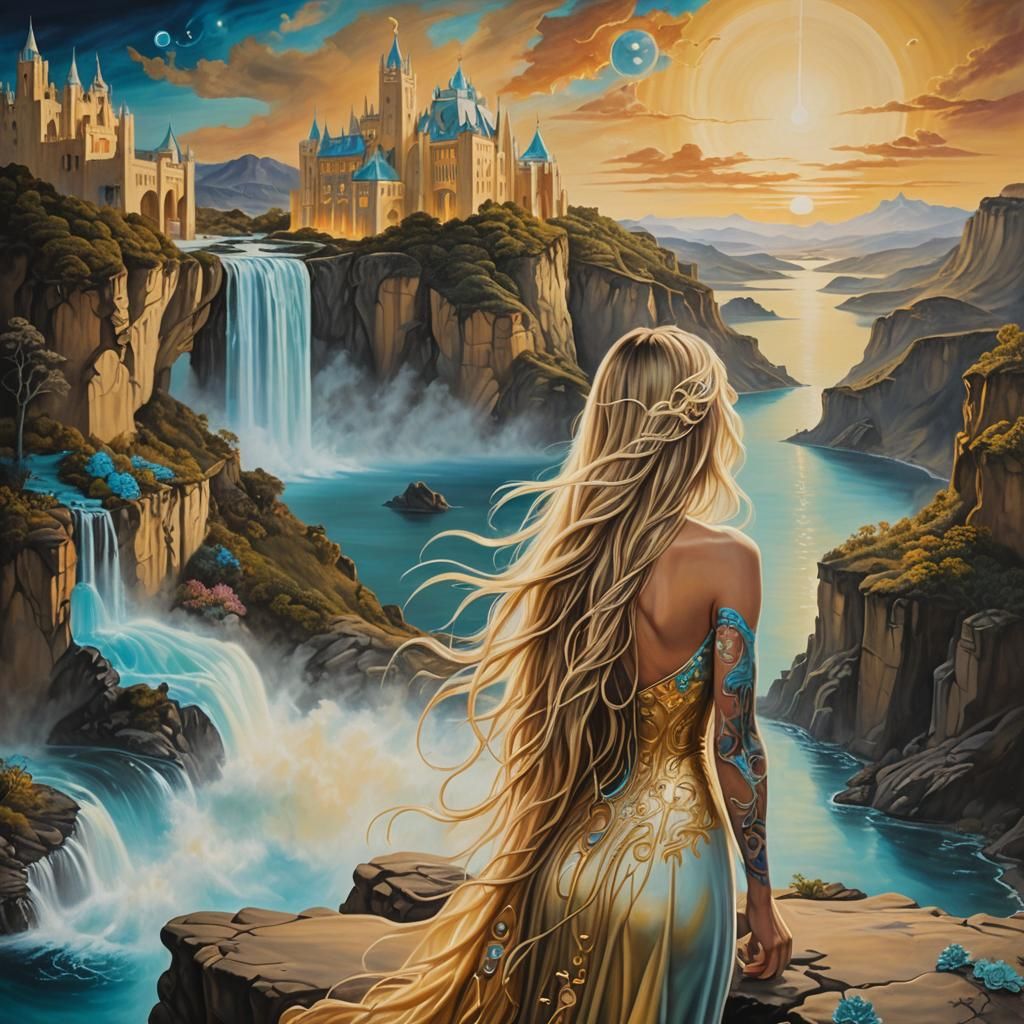 Surrealist Woman Gazing at Sky Island Palace