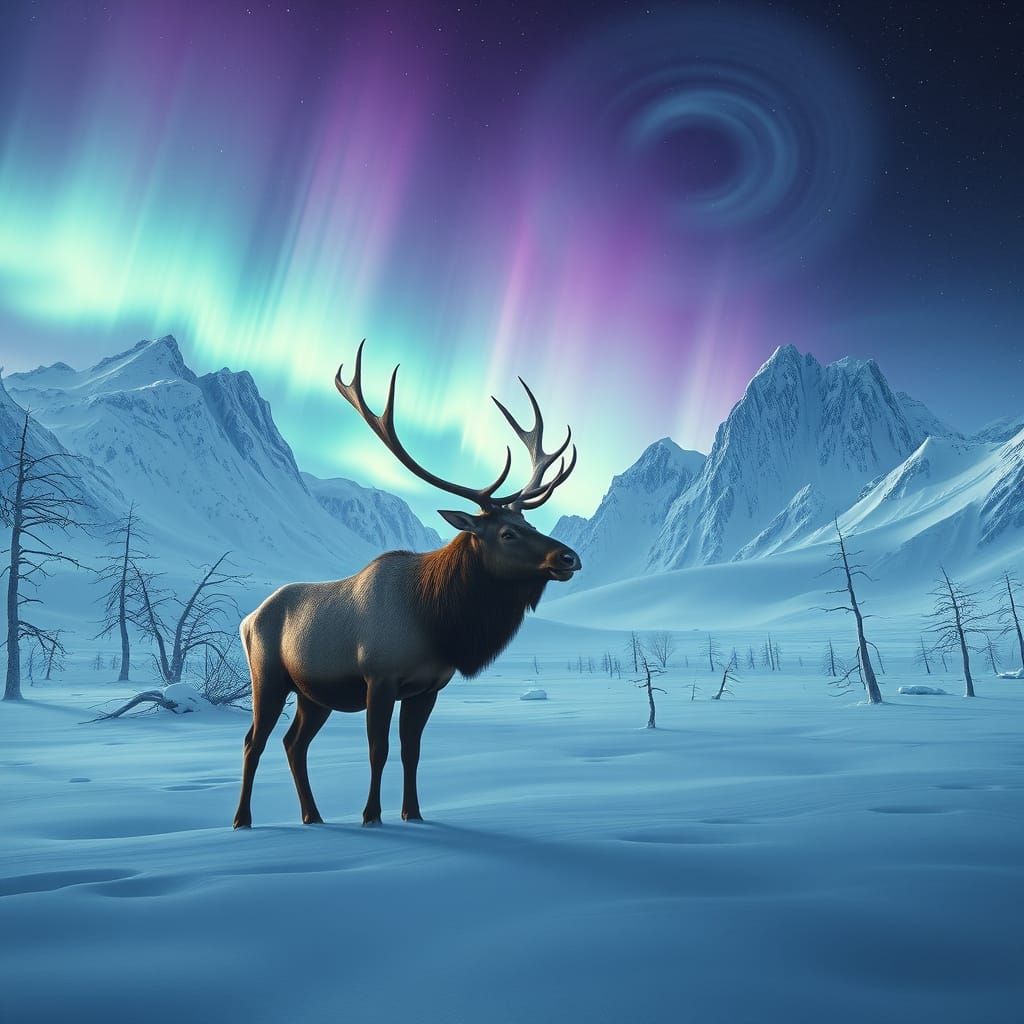 Elk Standing Majestically in Snowy Tundra Landscape