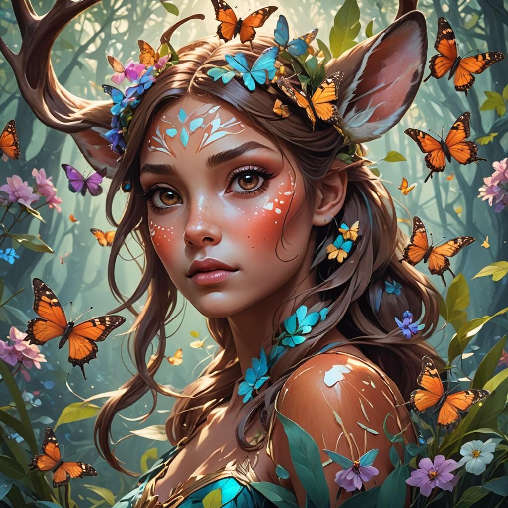 Detailed Bambi Portrait in Art Nouveau Style