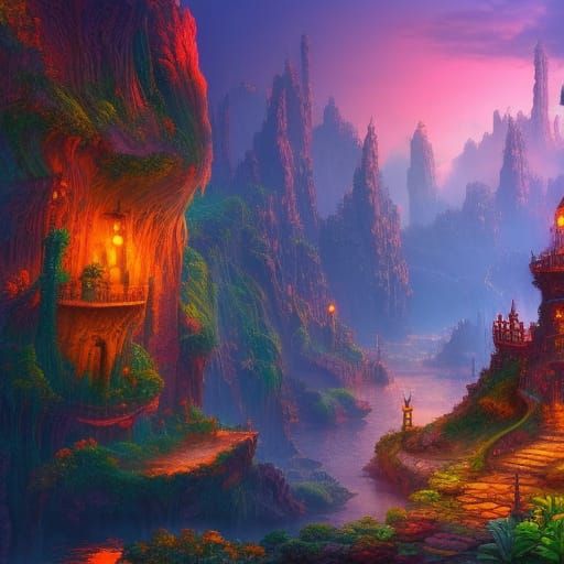 Lush Steampunk Jungle City with Sapphire Waterfalls