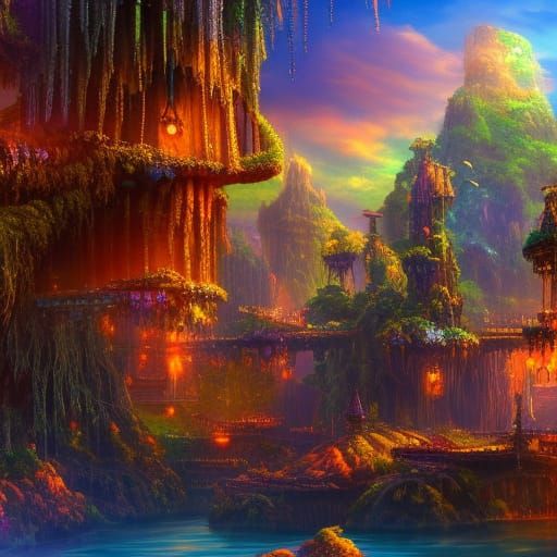 Vibrant Steampunk Jungle Oasis in a Colorful Sunset