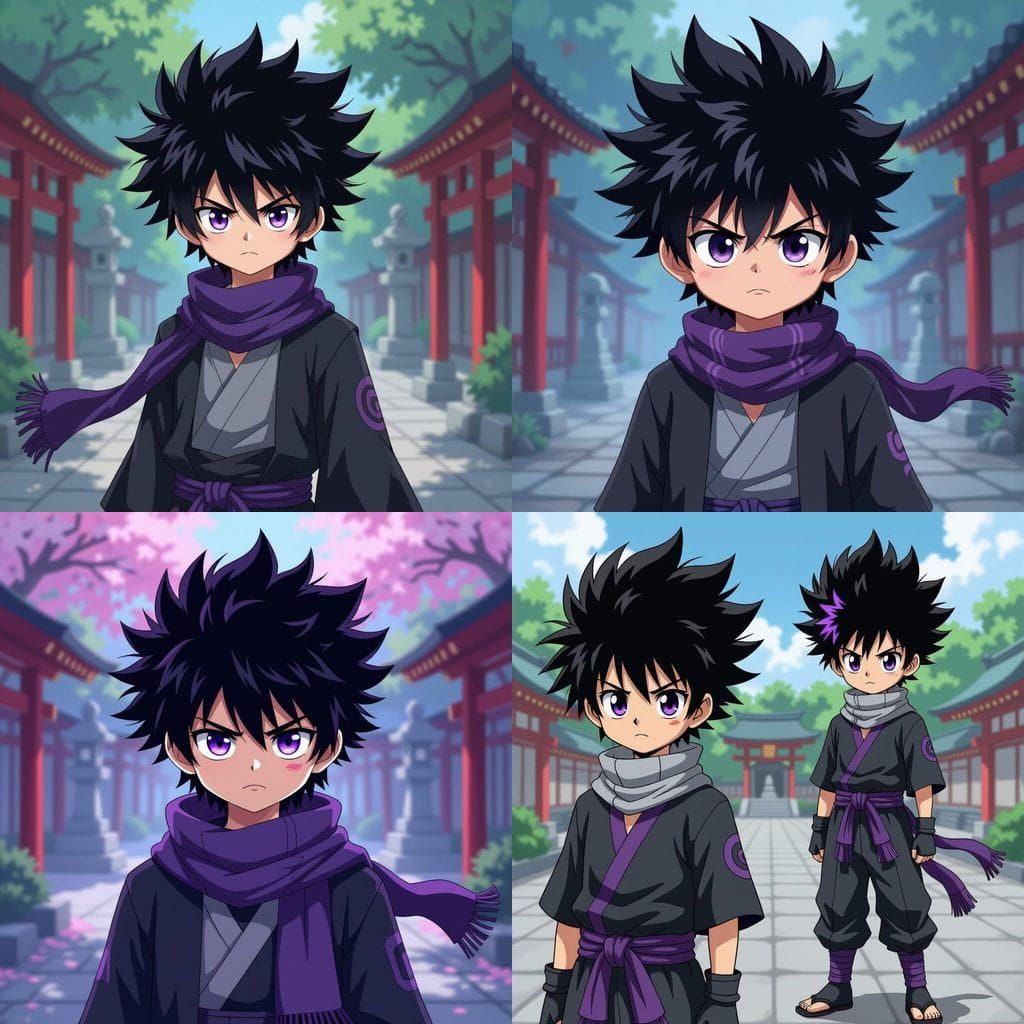 Shonen Anime Protagonist in Shrine Courtyard, Violet Streak