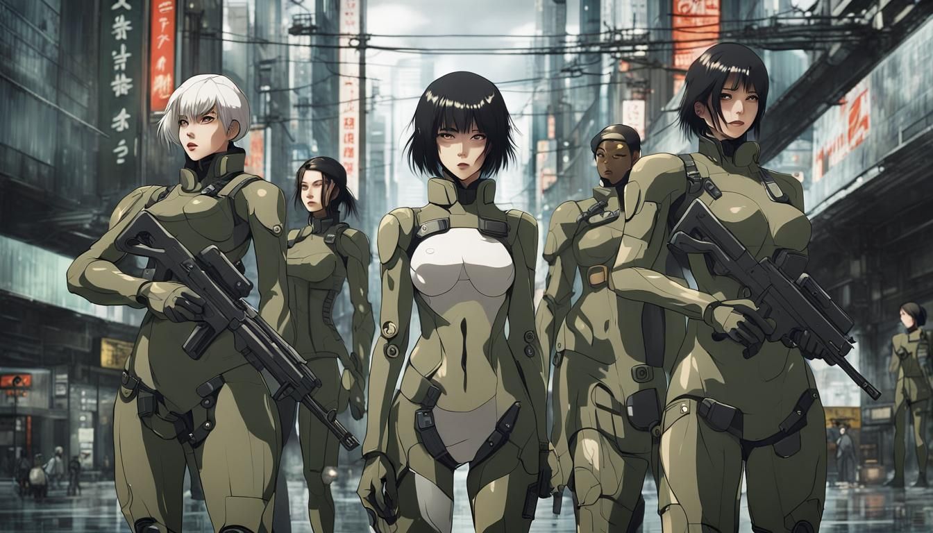 Cyborg Soldiers in Futuristic Japanese Cityscape