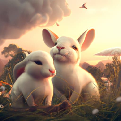 Cute Bunnies in Field: Digital Matte Painting