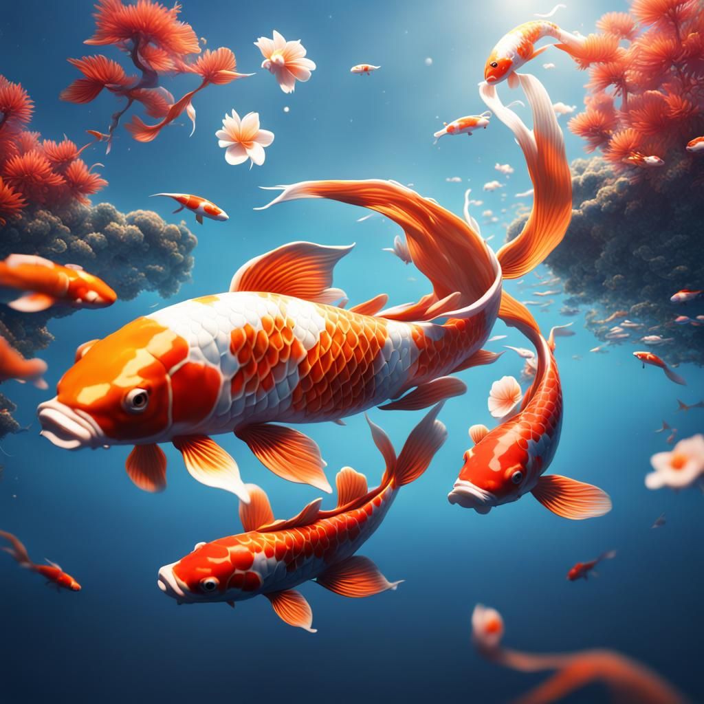 Koi Fish Soaring in Blue Sky: Fantasy Art