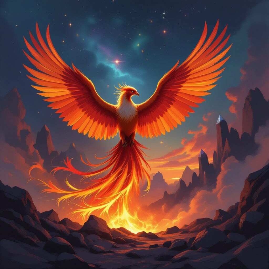 Majestic Phoenix Rises from Ashes in Epic Fantasy Style