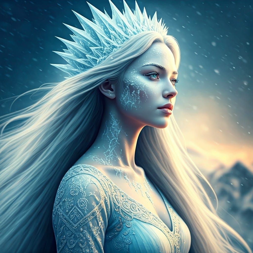 Crystalline Ice Queen in Frozen Winter Landscape