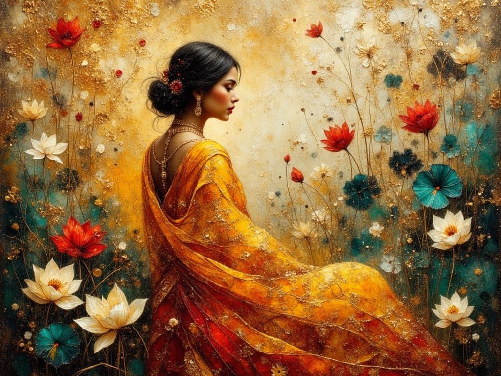 Indian Princess Silhouette in Lotus Flowers, Impasto Style