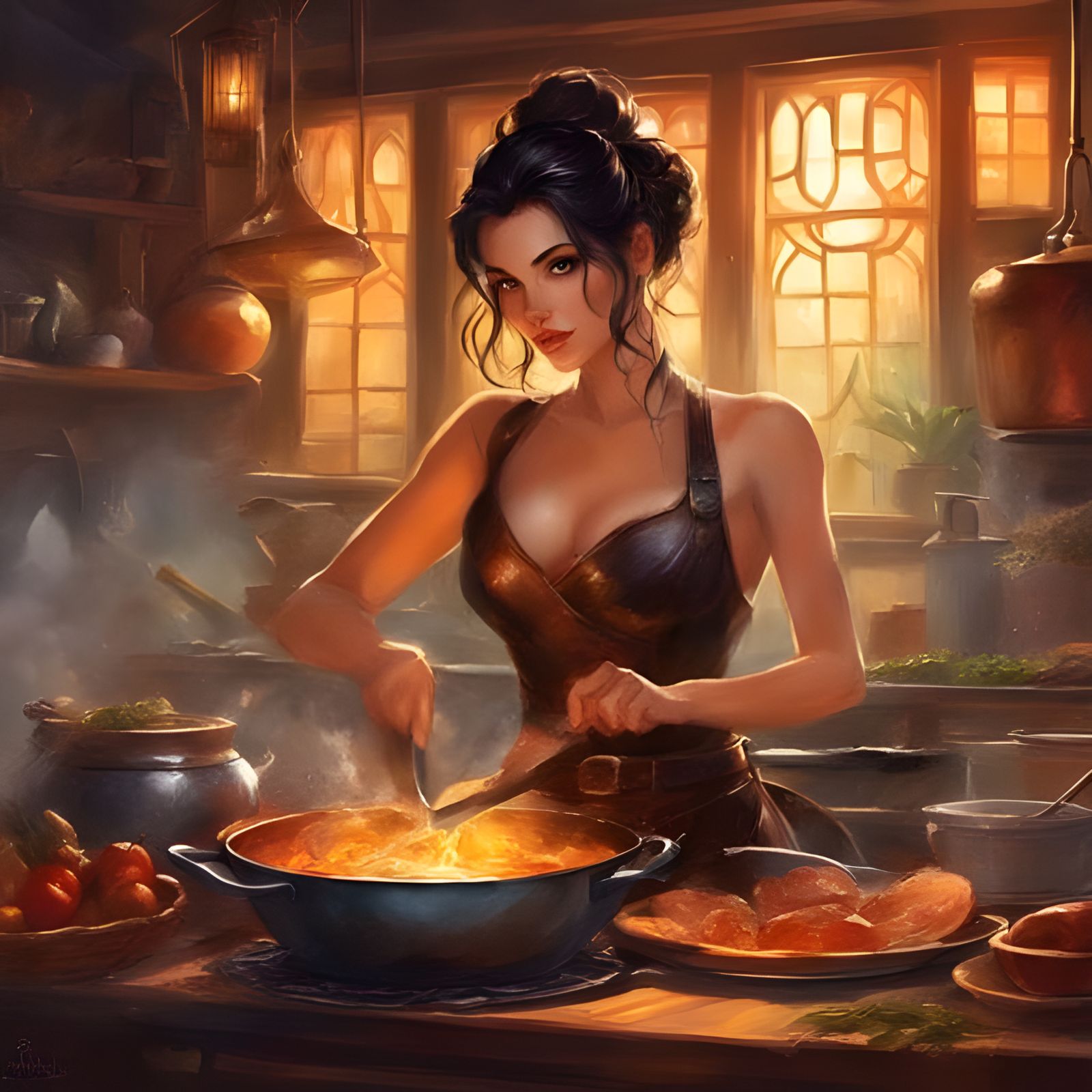 Beautiful Girl Cooking: Splash Art Kitchen Portrait