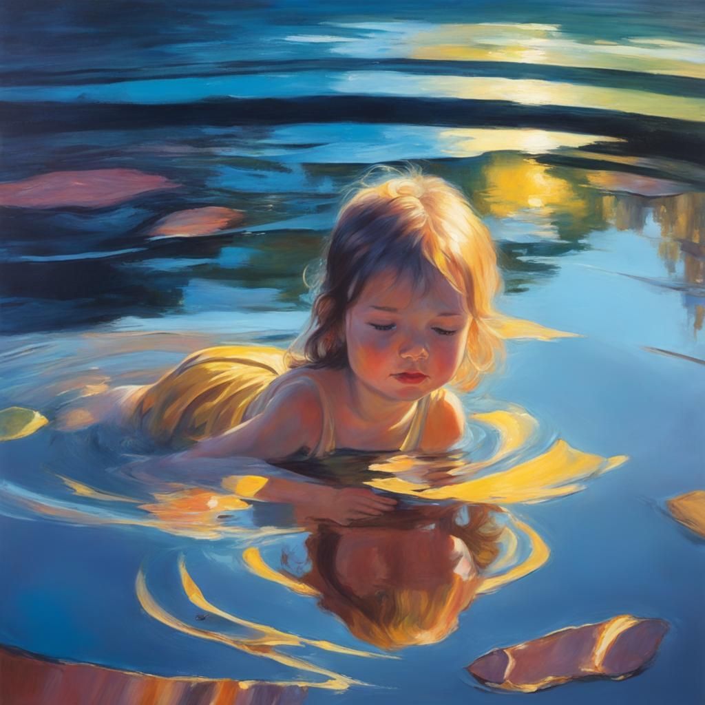 Child's Reflection: Vivid Oil Painting of Water