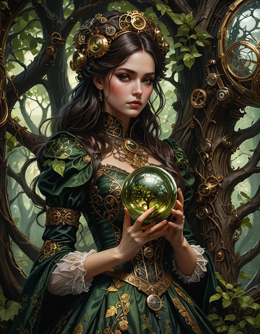 Steampunk Girl Blending into Tree: Hyperrealistic Concept Ar...