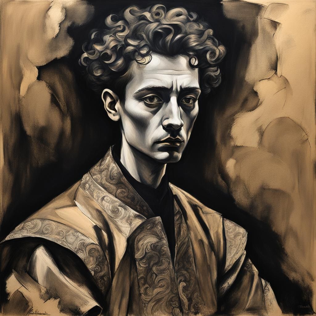Regal Figure in Charcoal Mannerism Portrait