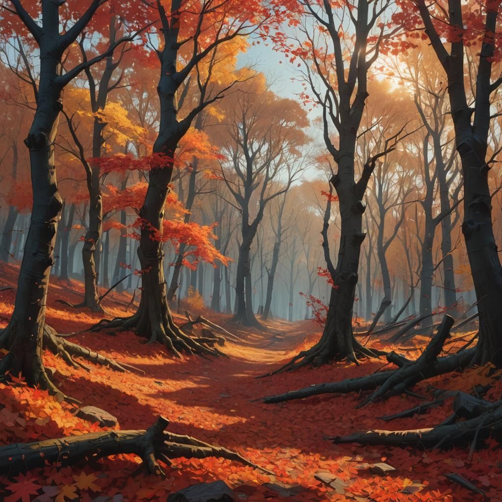 Autumn Landscape with Swirling Leaves in Fantasy Art Style