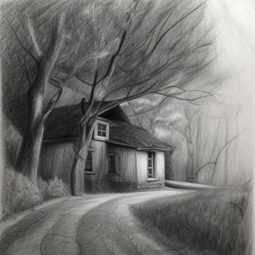 Detailed Charcoal Sketch of Cottage in Woods