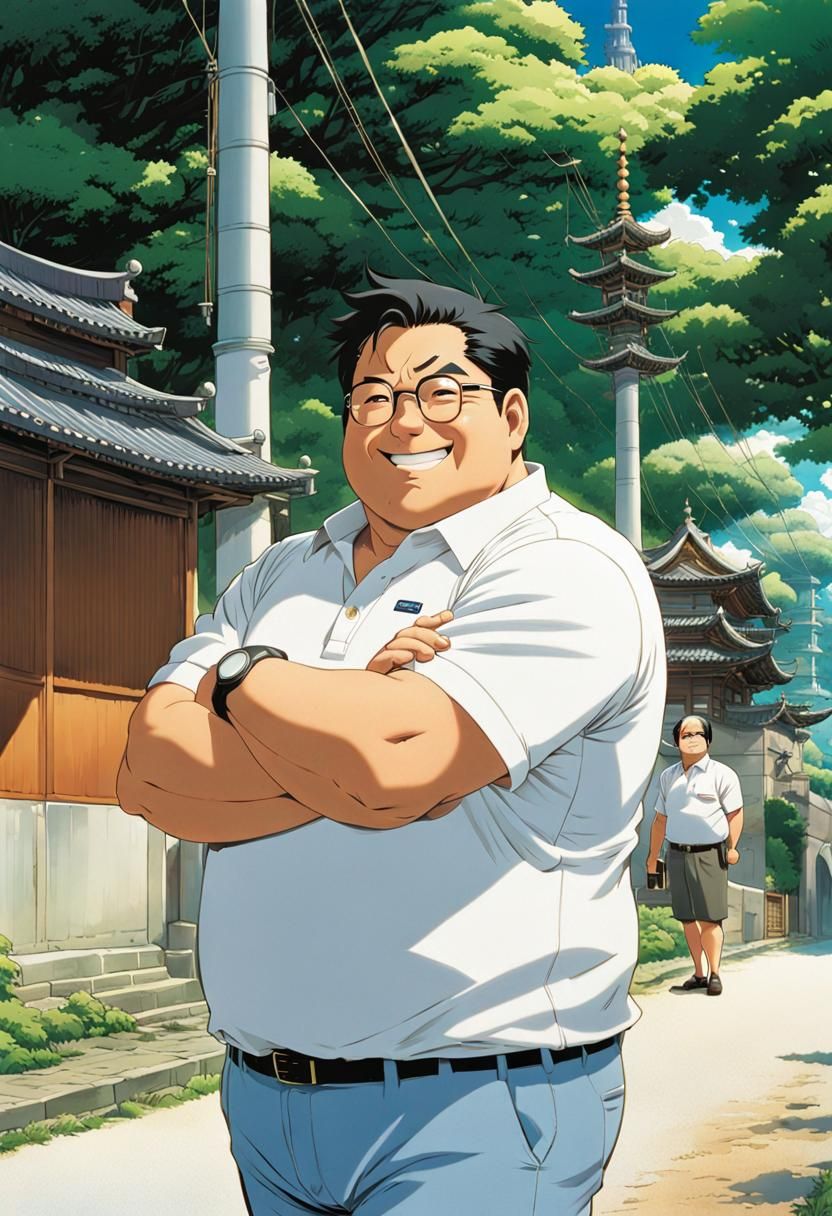 by Makoto_Shinkai_and_Katsuhiro_Otomo_and_Glenn_Fabry comic_book_illustration of a happy Chubby Man in a white polo at b...