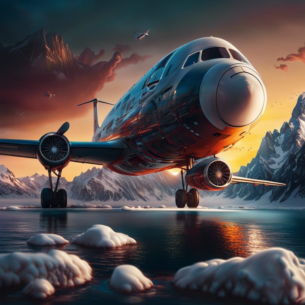 Airplane Flies Over Lake at Sunset: Fantasy Art