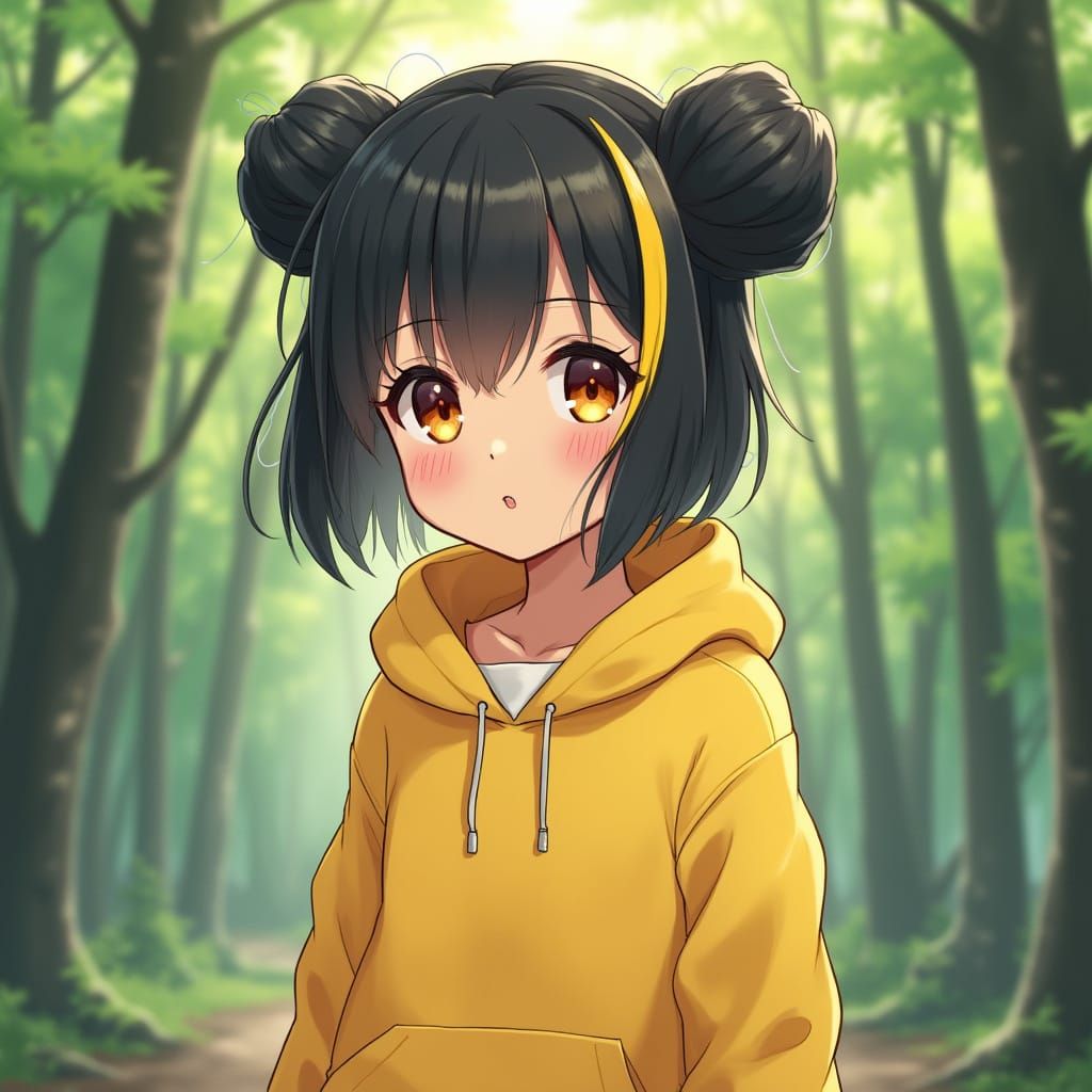 Anime Girl with Yellow Hoodie in Dreamy Forest