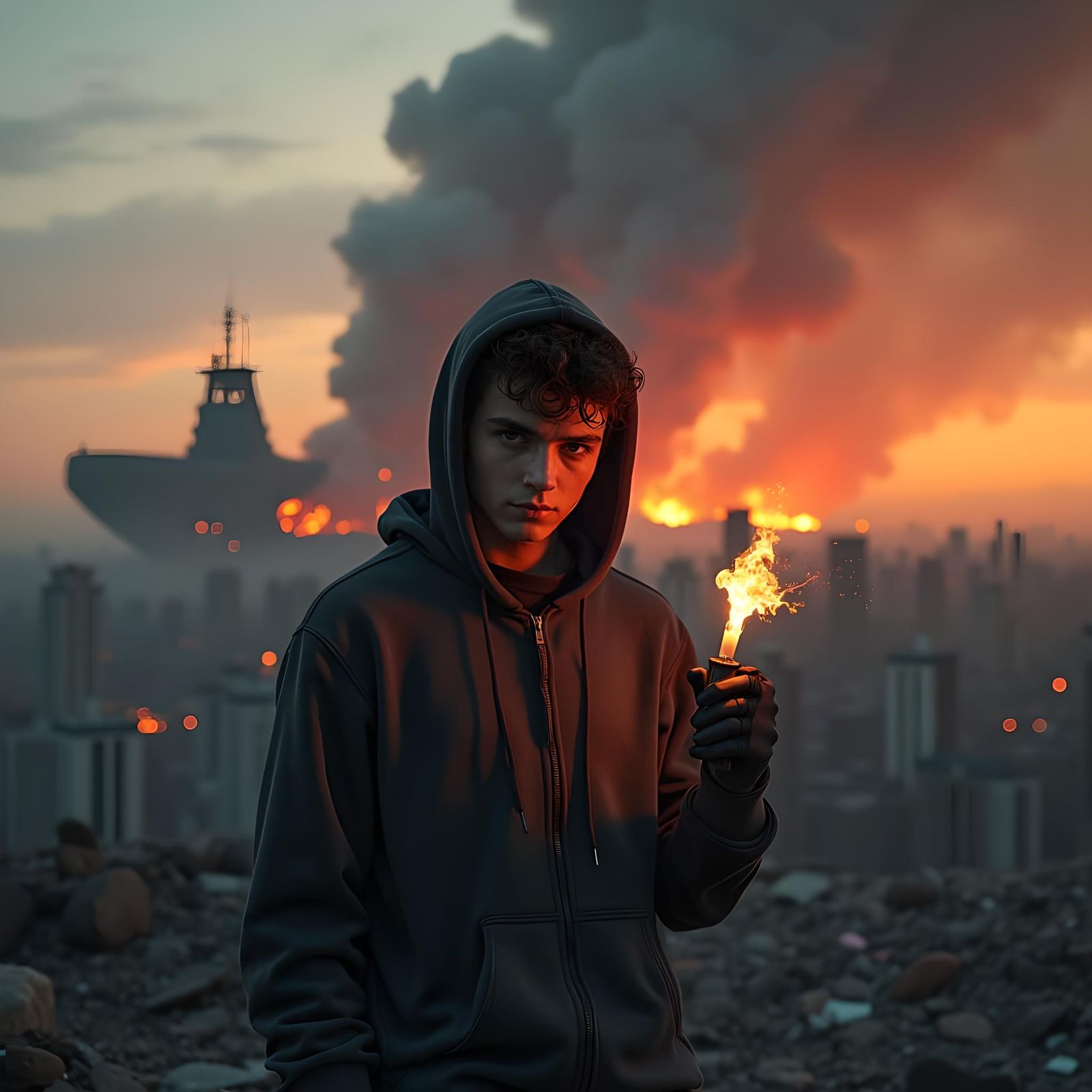 Cyberpunk Scally Lad Lights Petrol Bomb in Wasteland