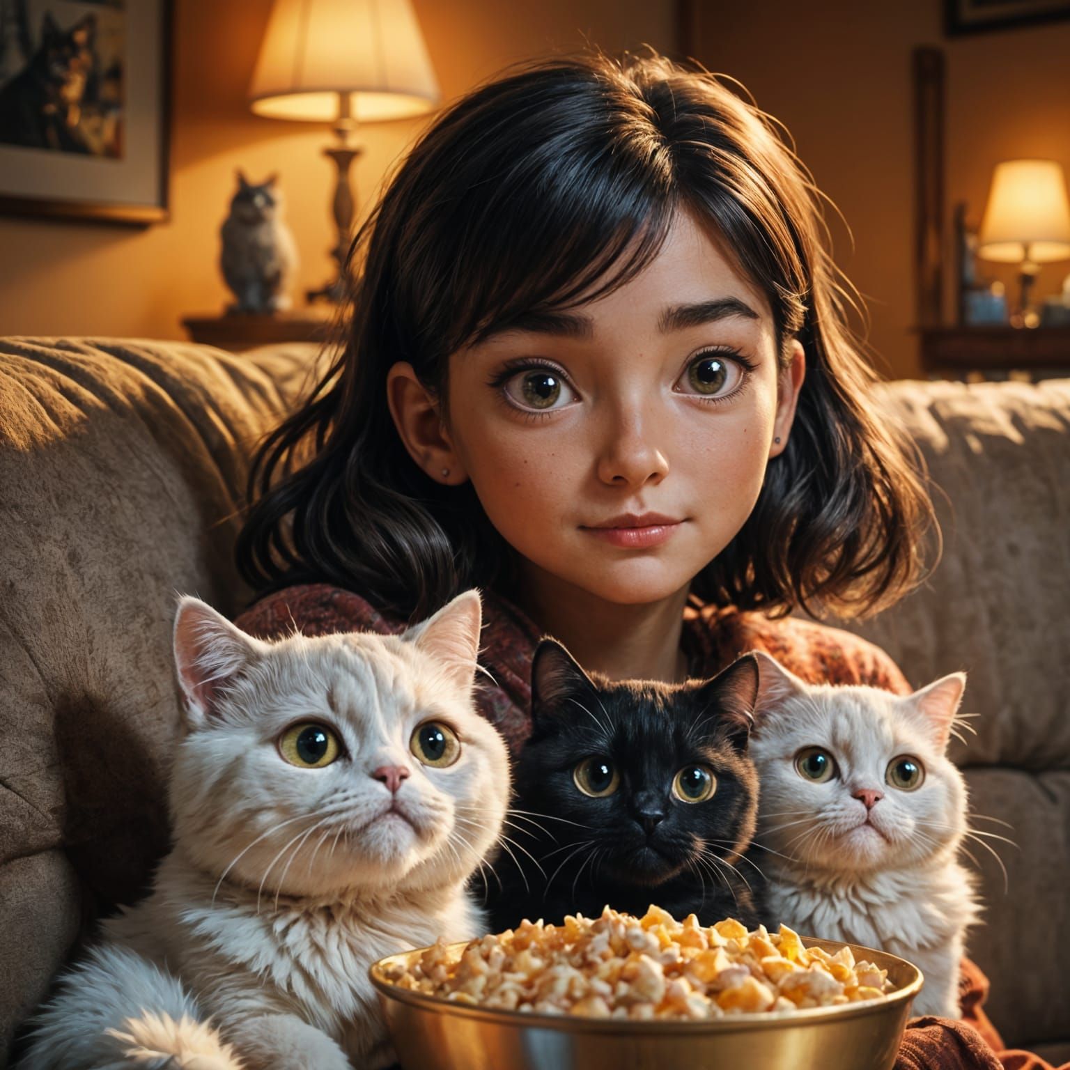 Girl and Cat Watch Scary Movie