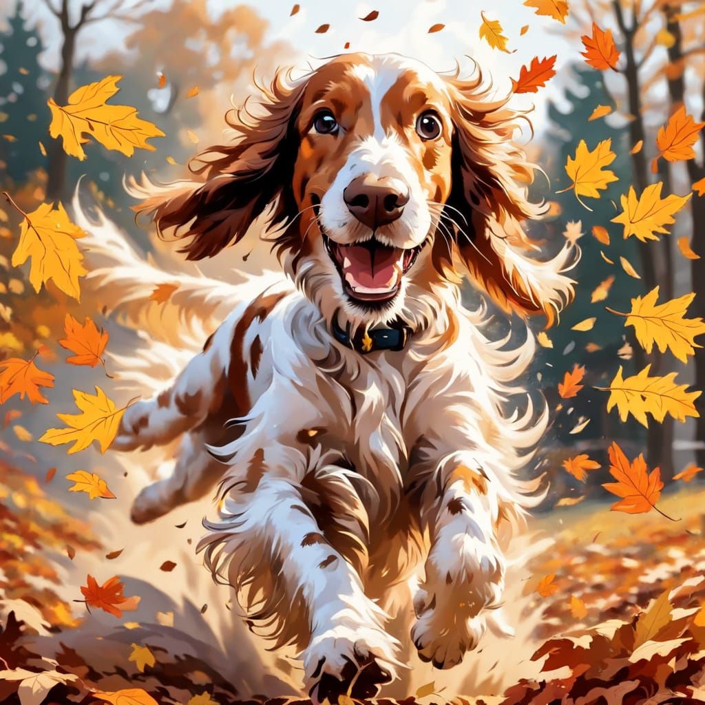 Happy Hungarian Setter Leaping Through Autumn Leaves