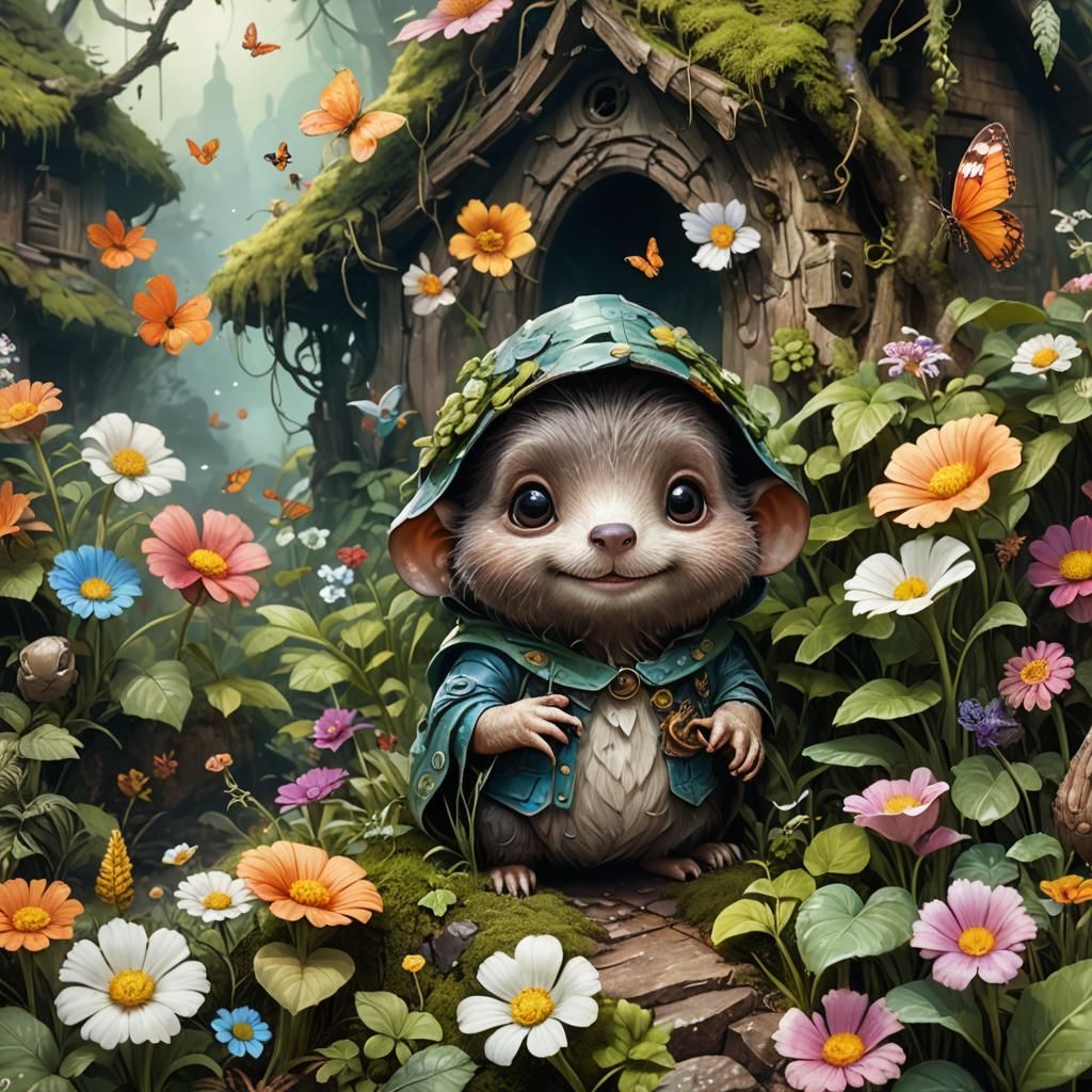 Adorable Chibi Mole Portrait in Lush Forest