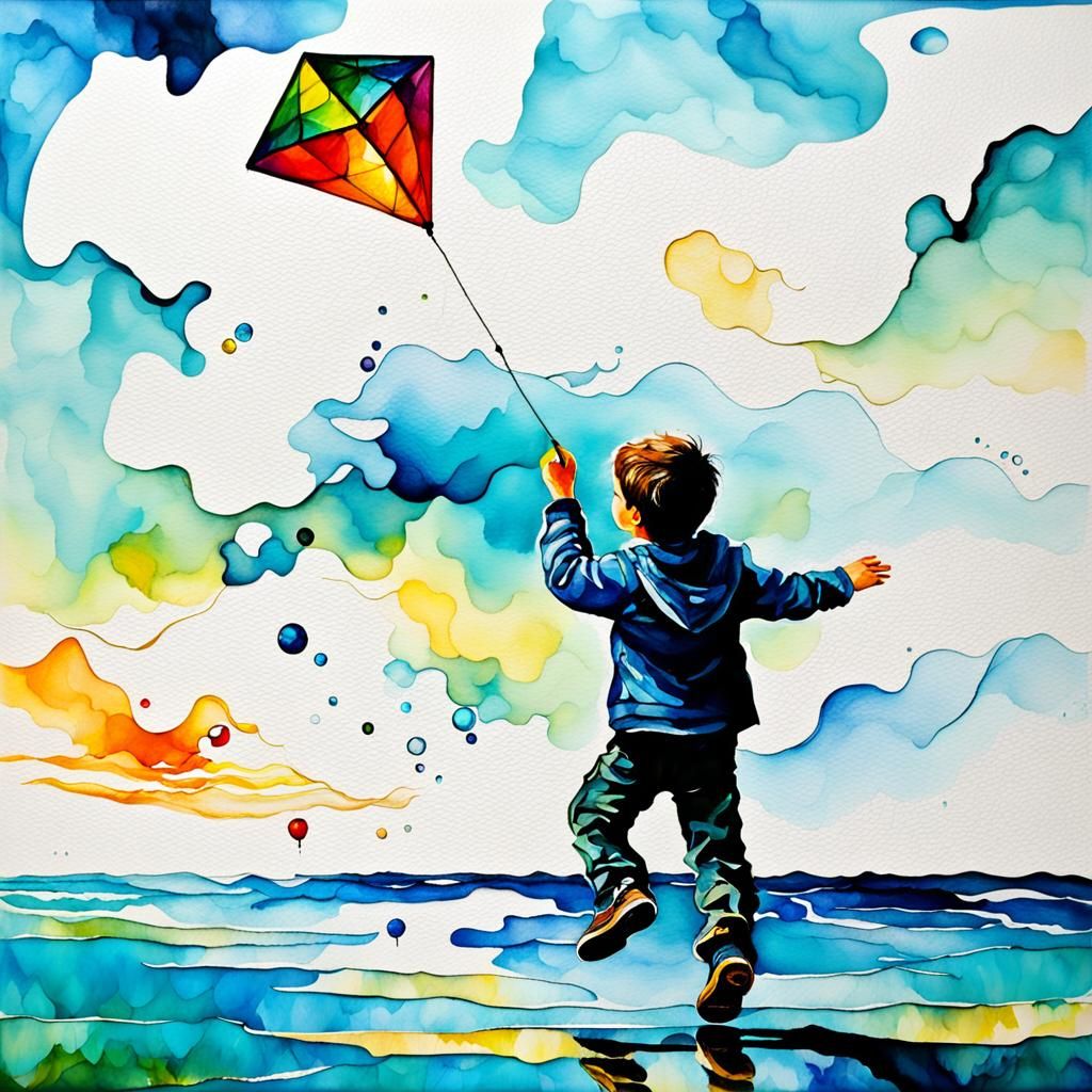 Boy Flying Kite in Abstract Geometric Style