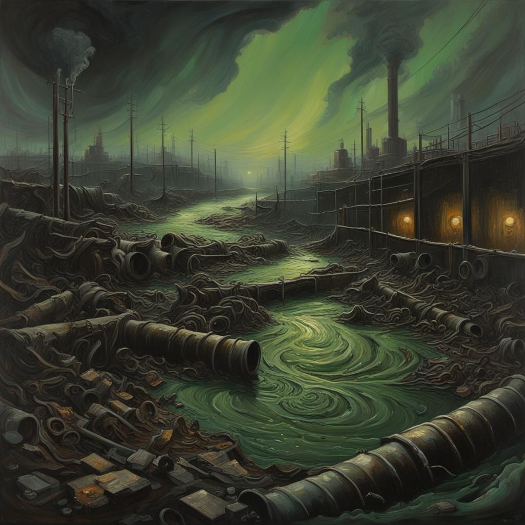 Dramatic Sewage Whirlpool Landscape in Oil Painting Style